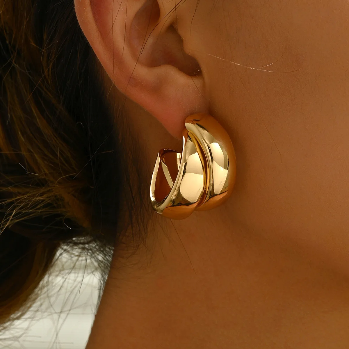 Stainless Steel Chunky Hoop Earrings for Women Girls Gold Color Double Ring Thick Geometric Drop Earrings Statement Jewelry Gift - Image 3
