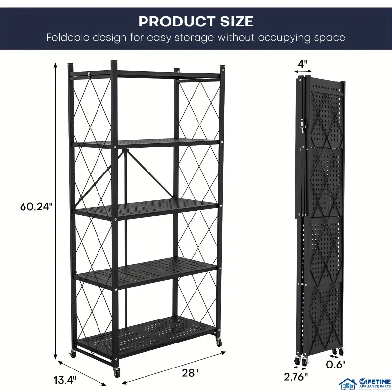 Custom.5-Tier Foldable Storage Shelf With Wheels - Metal Collapsible Shelving Unit Display, Rolling Cart Books Kitchen Stora - Image 2
