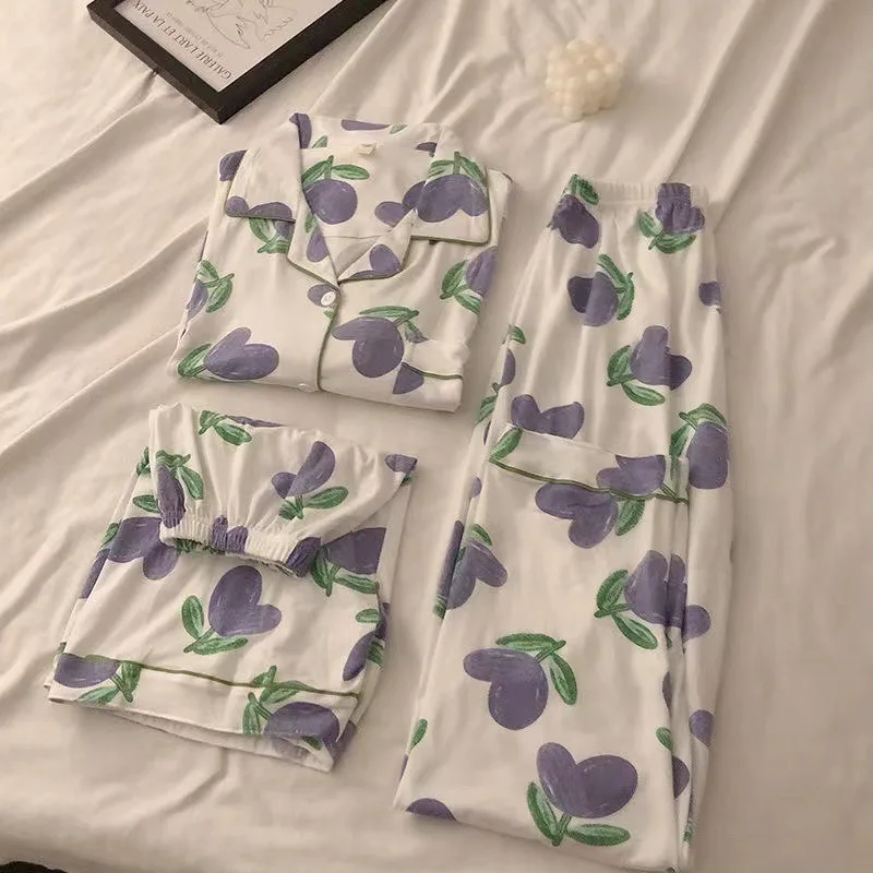 Three-Piece Set of Ladies Pajamas Short Sleeve Long Pants Student Loungewear Cartoon Cardigan Short Sleeve Shorts Cute Pajamas - Image 4