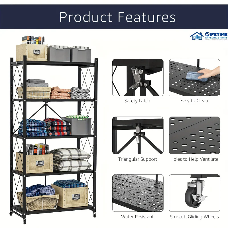 Custom.5-Tier Foldable Storage Shelf With Wheels - Metal Collapsible Shelving Unit Display, Rolling Cart Books Kitchen Stora - Image 4