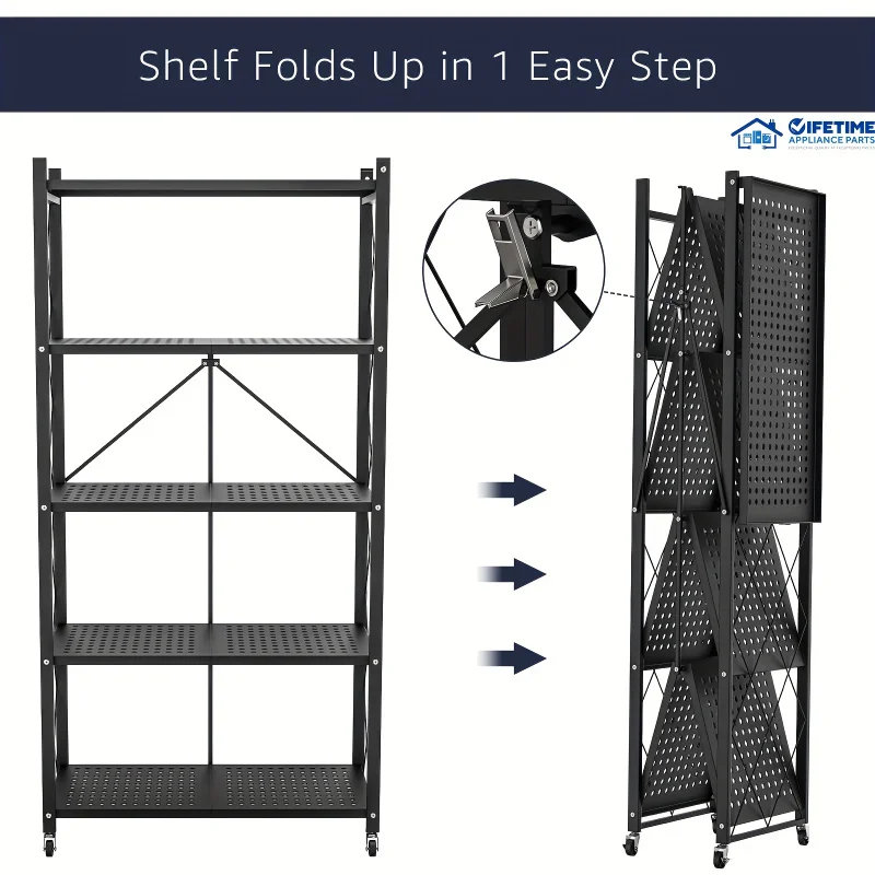 Custom.5-Tier Foldable Storage Shelf With Wheels - Metal Collapsible Shelving Unit Display, Rolling Cart Books Kitchen Stora - Image 3