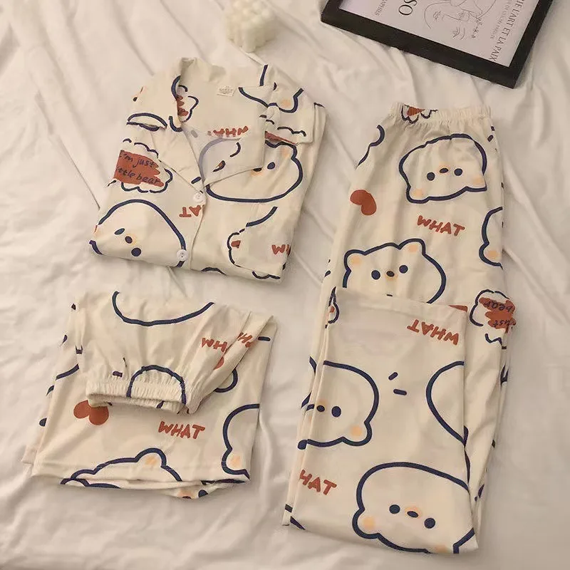 Three-Piece Set of Ladies Pajamas Short Sleeve Long Pants Student Loungewear Cartoon Cardigan Short Sleeve Shorts Cute Pajamas - Image 5