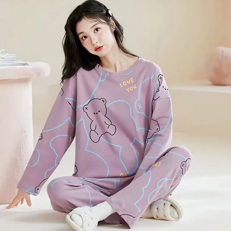 Pajamas Female Spring and Fall Models Senior Sense of Cute Cartoon Long-Sleeved Pants New Large Size Girls Bear Home Wear Suit - Image 3