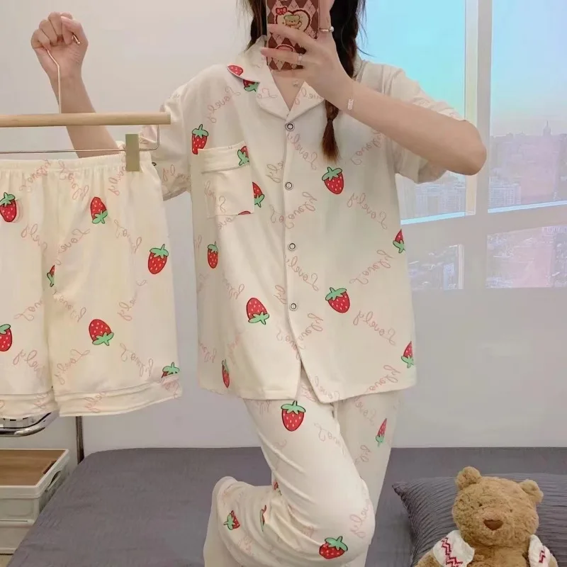 Three-Piece Set of Ladies Pajamas Short Sleeve Long Pants Student Loungewear Cartoon Cardigan Short Sleeve Shorts Cute Pajamas - Image 2