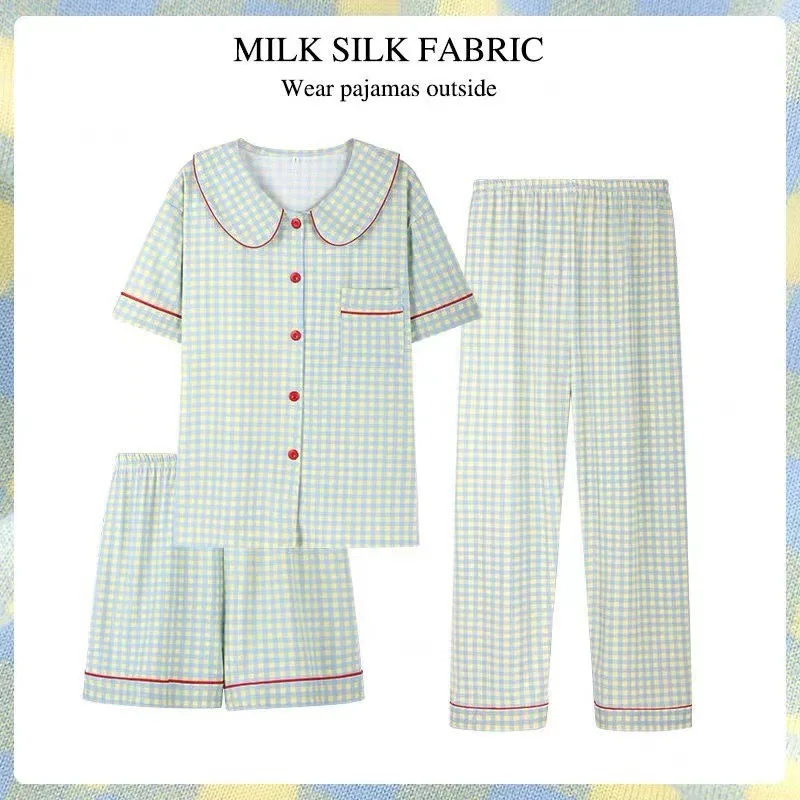 Three-Piece Set of Ladies Pajamas Short Sleeve Long Pants Student Loungewear Cartoon Cardigan Short Sleeve Shorts Cute Pajamas - Image 6