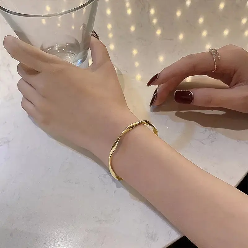 Golden Charm Bangles for Women Minimalism Fashion Twisted Couple Cuff Bracelet 2023 New Trendy Jewelry Girls Wedding Gift - Image 3