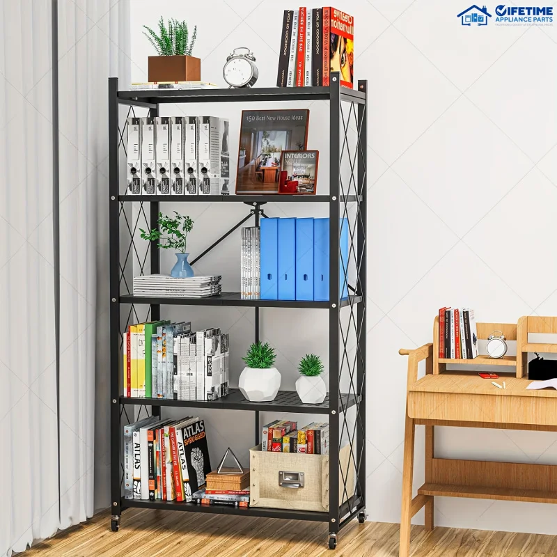 Custom.5-Tier Foldable Storage Shelf With Wheels - Metal Collapsible Shelving Unit Display, Rolling Cart Books Kitchen Stora - Image 6